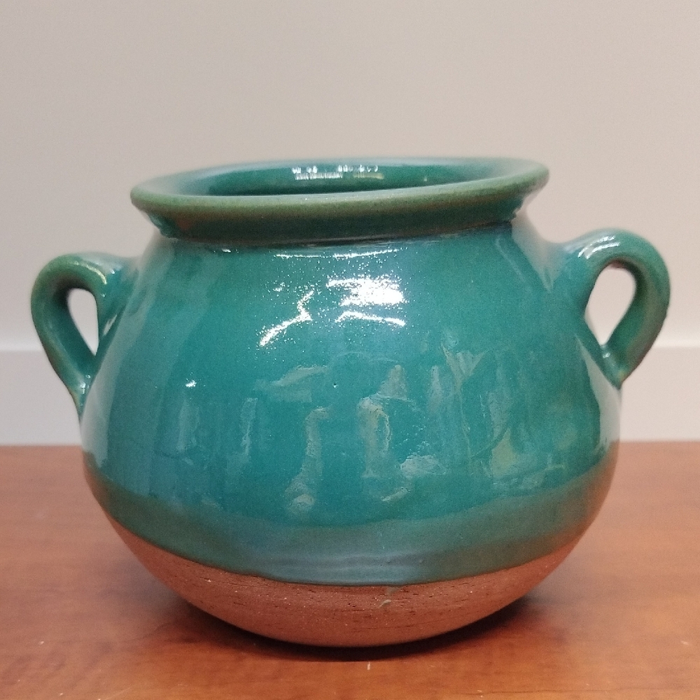 Handmade Studio Pottery Redware Double-Handled Pot With Green Glaze